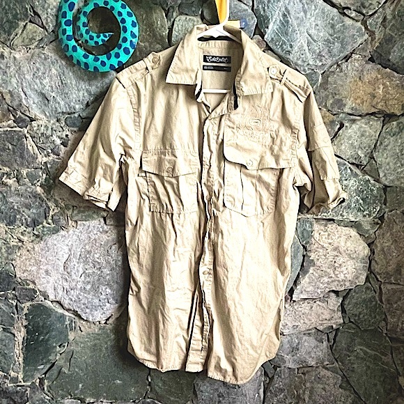 Ecko Unlimited Button down Shirt khaki with embroidered back logo size M - Picture 2 of 9